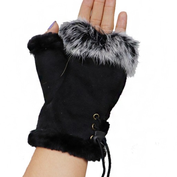 Pink Black Gray Brown Furry Fingerless GLOVES - Picture 10 of 16